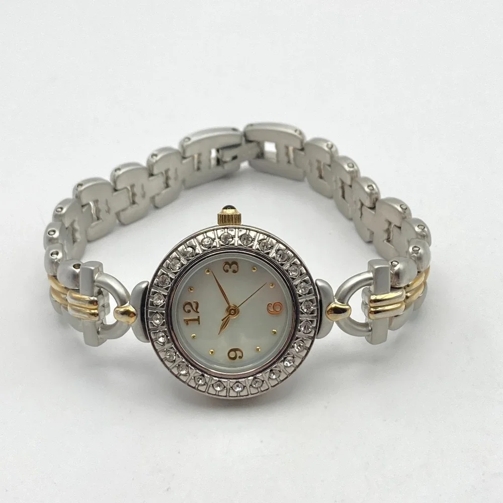 Valetta Women's Watch 25mm Matte Silver Gold Two Tone Crystals New Battery 6.5